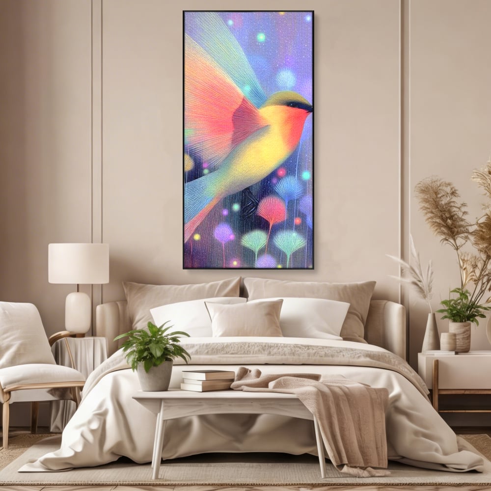 Tablou canvas cu tablou canvas cu pasare fantastica zburand, in rama de aluminiu negru, pe perete intr-un dormitor